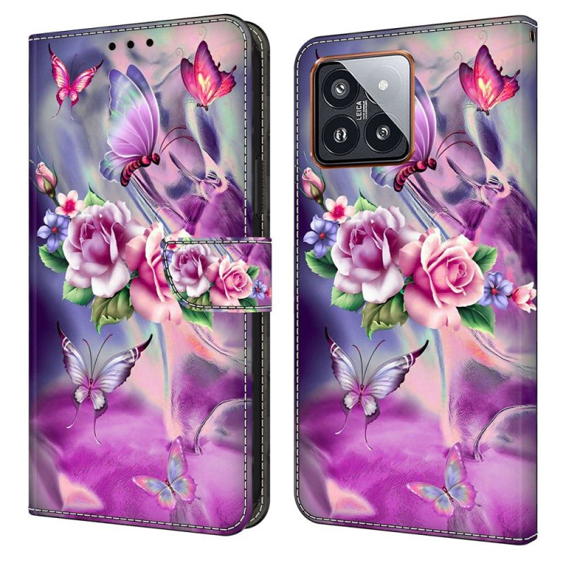 Folio Deksel Xiaomi 14 Pro Lilla Sommerfugler Og Blomster