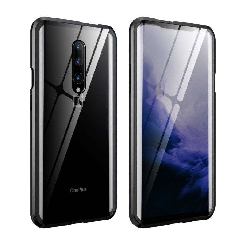 Folio Deksel OnePlus 7 Pro Svart Herdet Glass Og Metallkanter