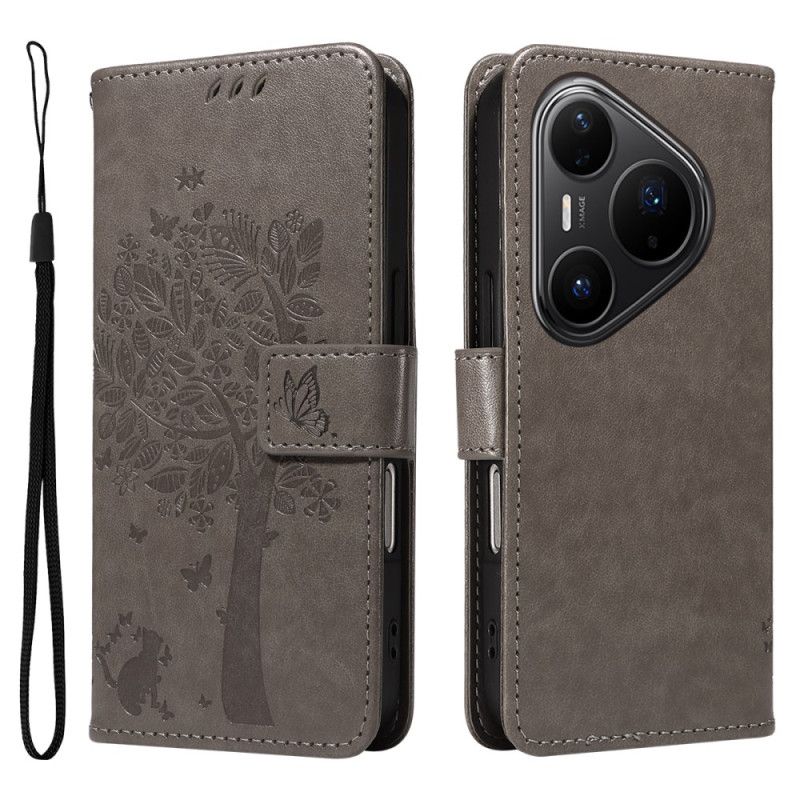 Lærdeksel Folio Deksel Huawei Pura 80 Pro Mobildeksel Katt- Og Tremønster