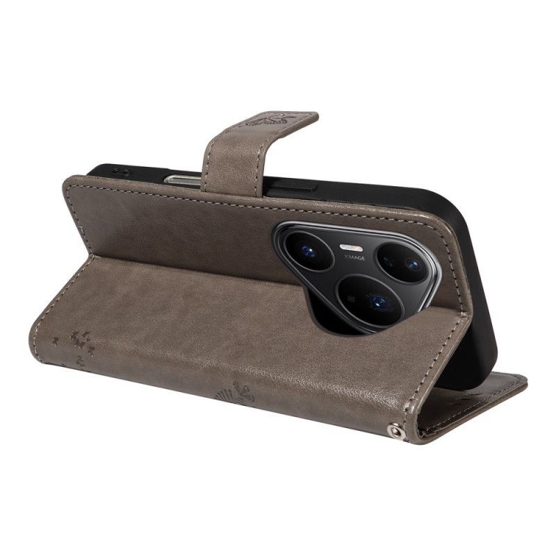 Lærdeksel Folio Deksel Huawei Pura 80 Pro Mobildeksel Katt- Og Tremønster