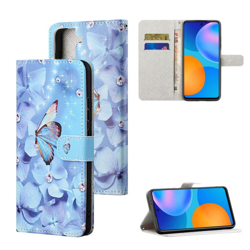 Folio Deksel Samsung Galaxy S21 5G Diamantsommerfugler Med Tanga Beskyttelse