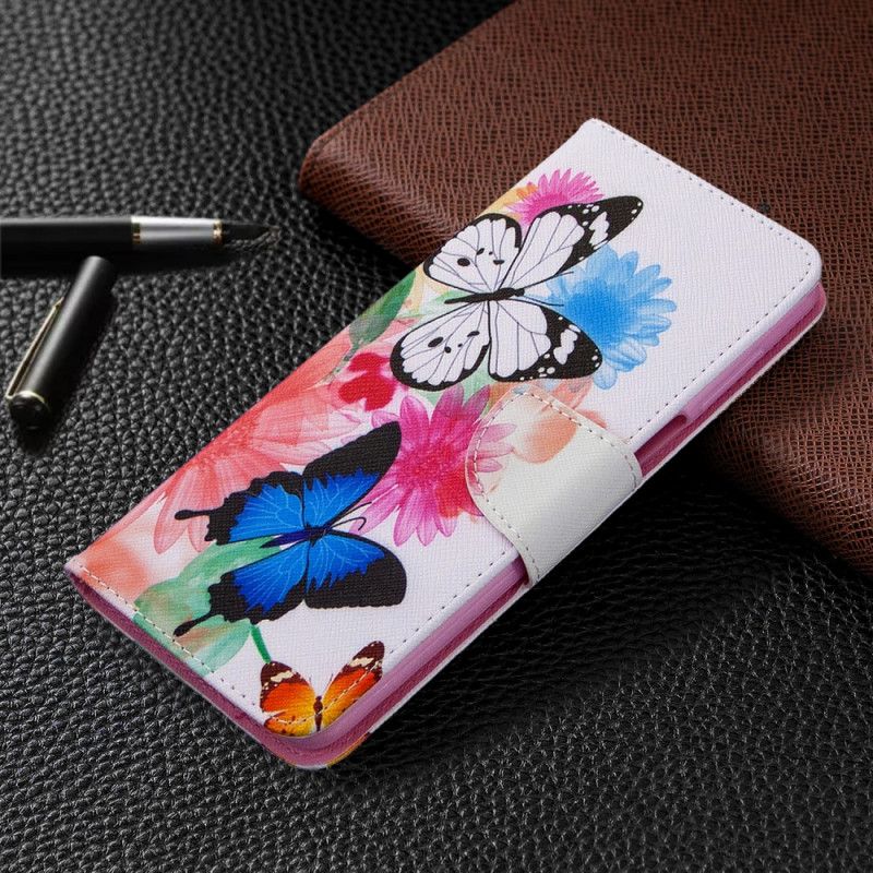 Folio Deksel Xiaomi Redmi Note 9S / Note 9 Pro Magenta Malte Sommerfugler Og Blomster