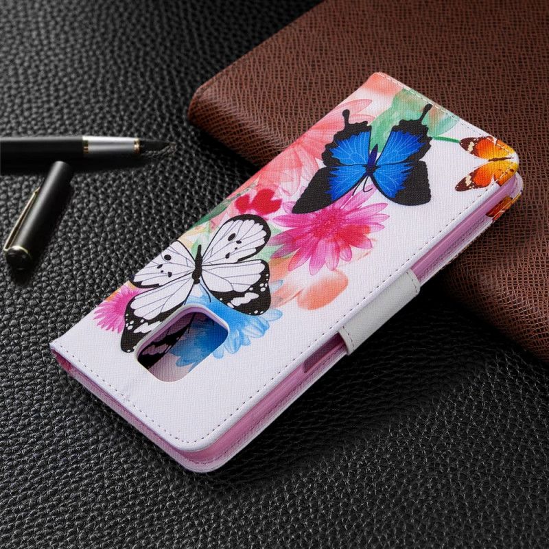 Folio Deksel Xiaomi Redmi Note 9S / Note 9 Pro Magenta Malte Sommerfugler Og Blomster