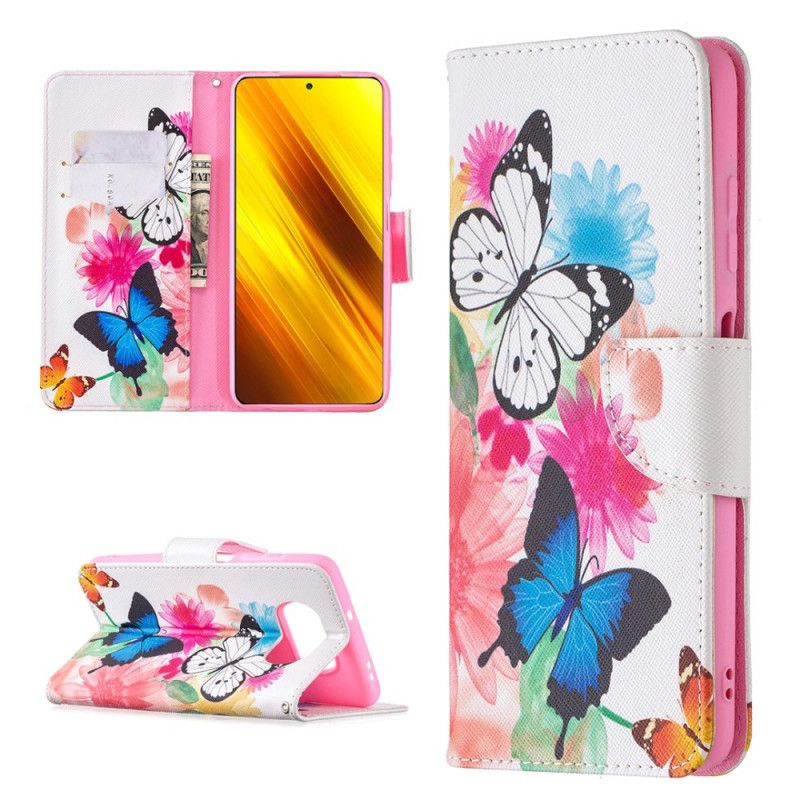 Lærdeksel Folio Deksel Xiaomi Poco X3 Mobildeksel Malte Sommerfugler Og Blomster