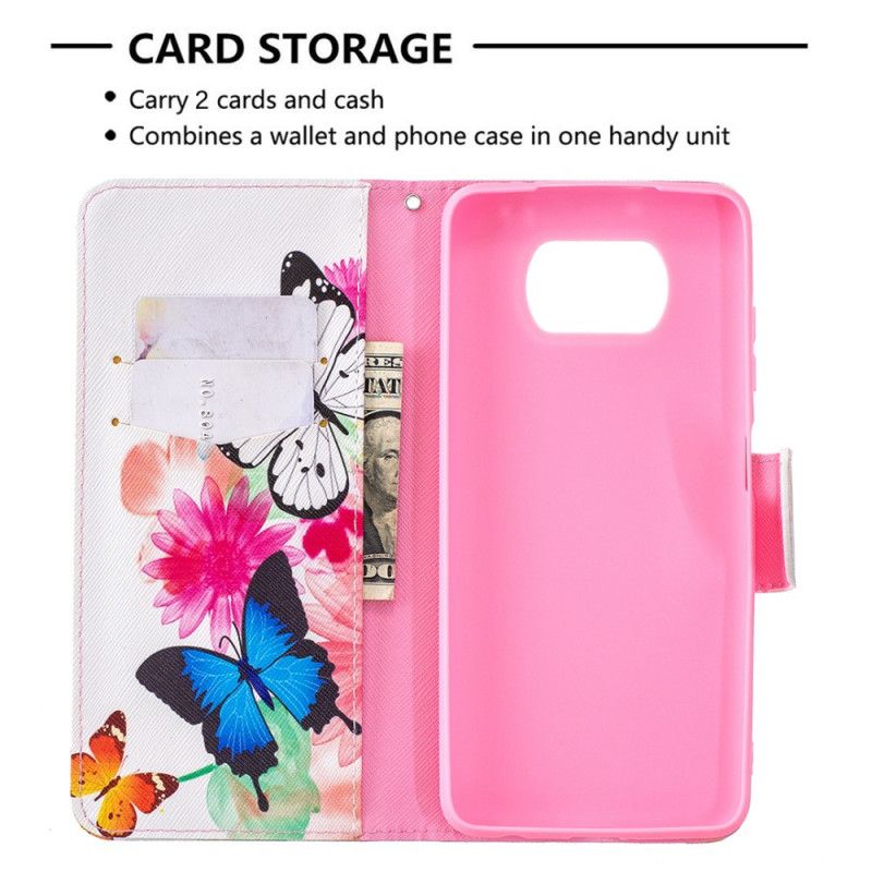 Lærdeksel Folio Deksel Xiaomi Poco X3 Mobildeksel Malte Sommerfugler Og Blomster