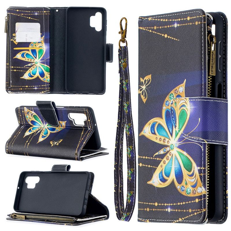 Folio Deksel for Samsung Galaxy A32 5G Svart Glidelåslomme Med Sommerfugler Art