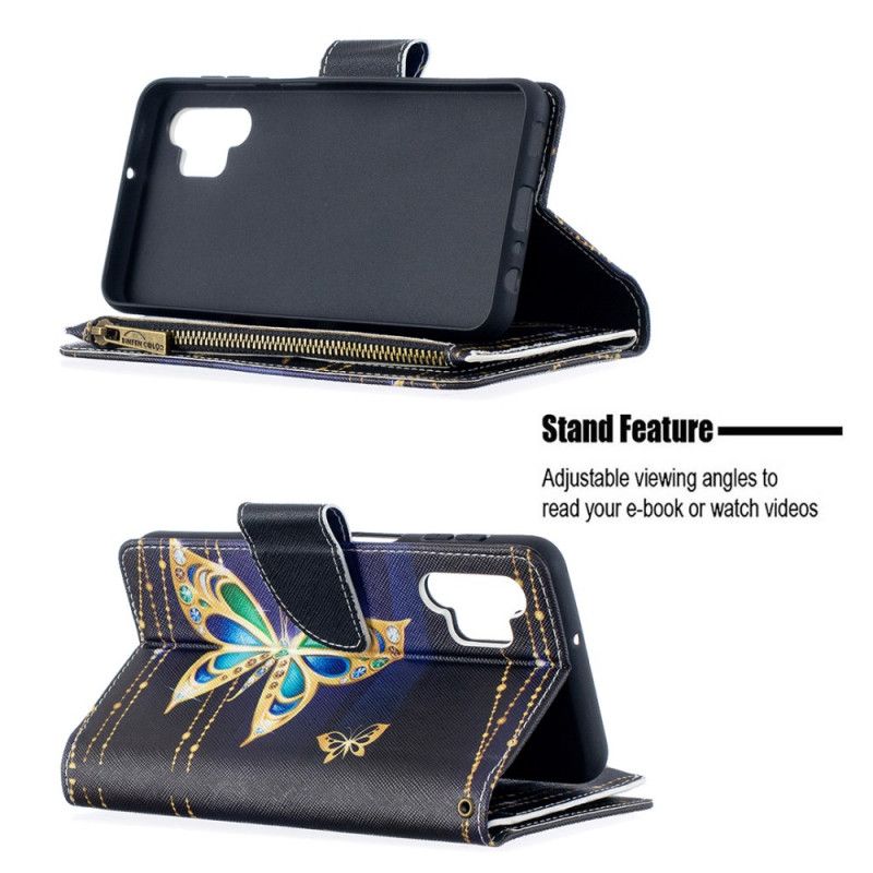 Folio Deksel for Samsung Galaxy A32 5G Svart Glidelåslomme Med Sommerfugler Art
