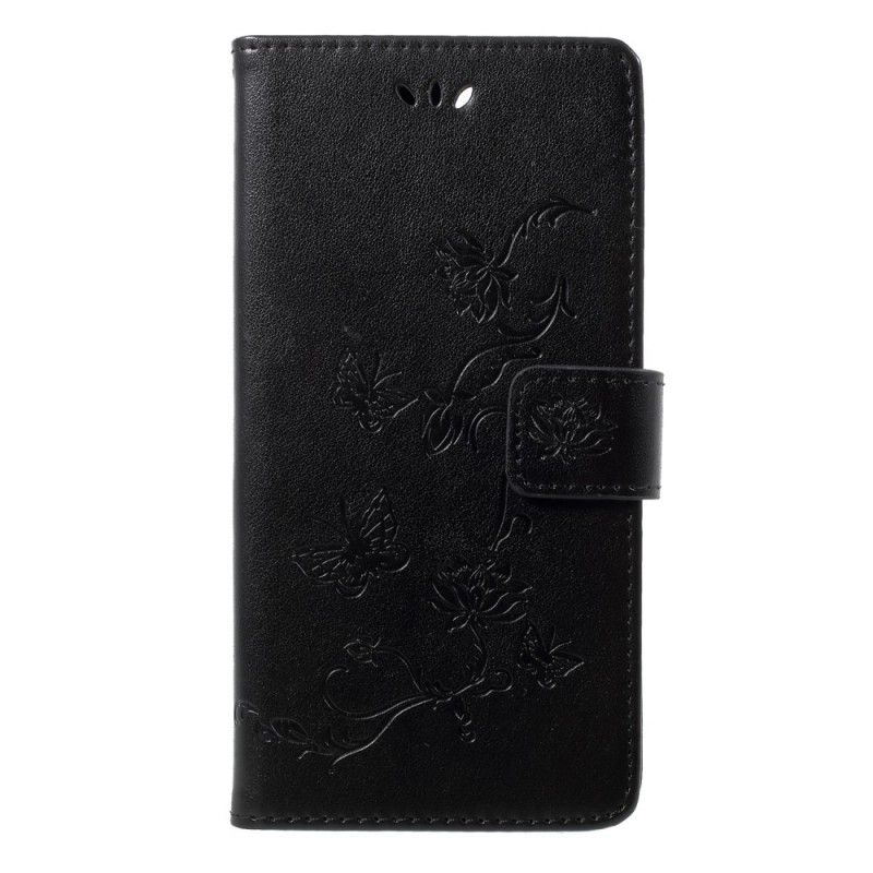 Folio Deksel for Honor 9 Lite Svart Sommerfugler Og Tanga Blomster
