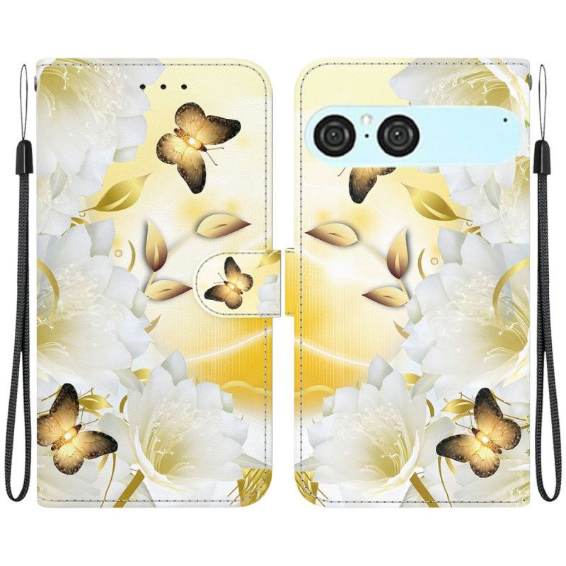 Folio Deksel Til Sony Xperia 10 Vii Gullsommerfugler Og Hvite Blomster