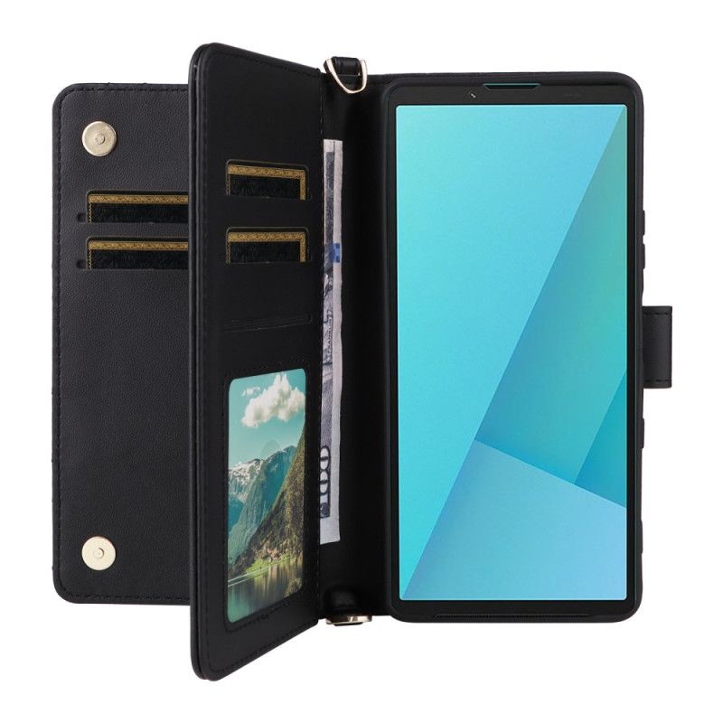 Lærdeksel Folio Deksel Sony Xperia 10 Vii Mobildeksel Vattert Med Stropp Og Håndleddsstropp