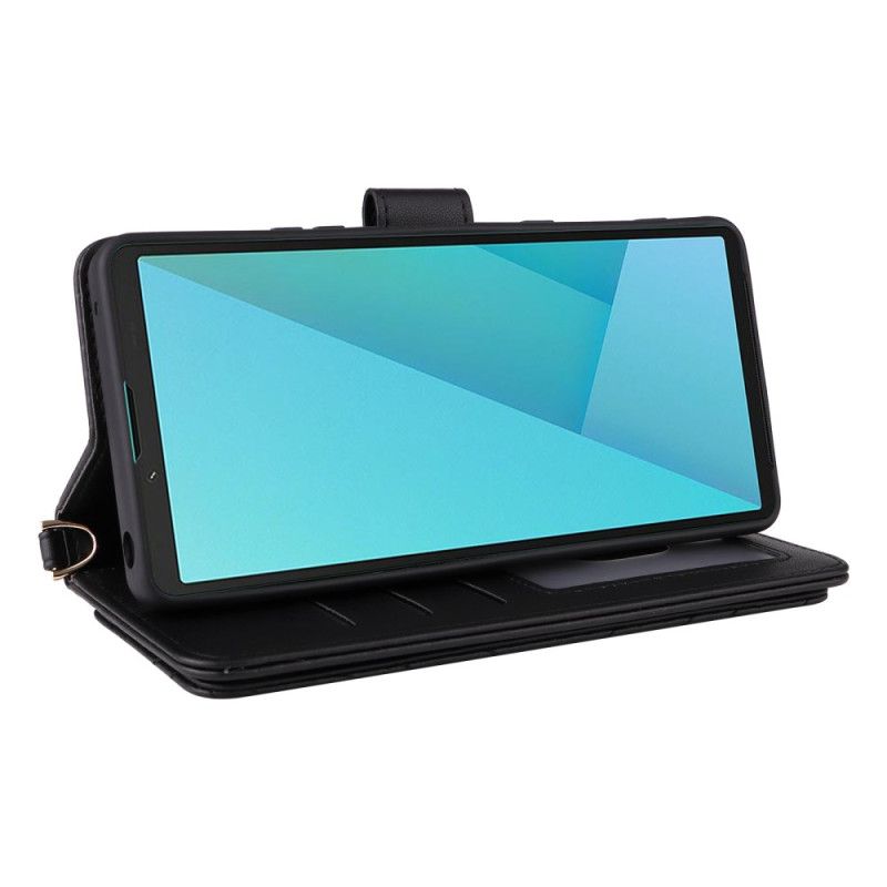 Lærdeksel Folio Deksel Sony Xperia 10 Vii Mobildeksel Vattert Med Stropp Og Håndleddsstropp