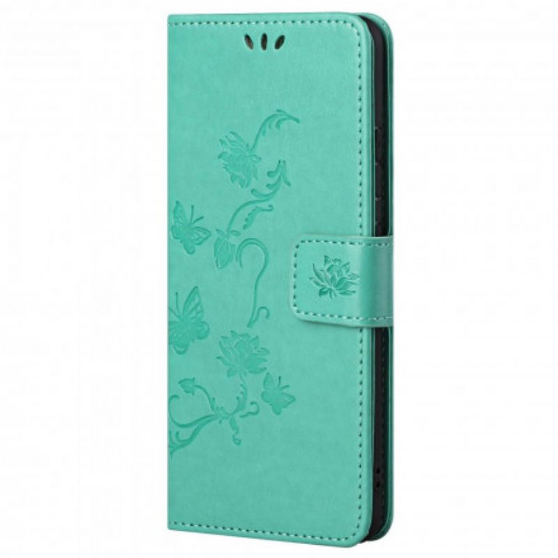 Lærdeksel Folio Deksel Motorola Edge 20 Pro Sommerfugler Og Blomster Strappy