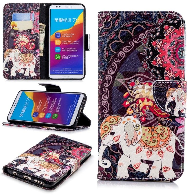 Lærdeksel Folio Deksel Honor 7C Mobildeksel Etnisk Elefantmandala