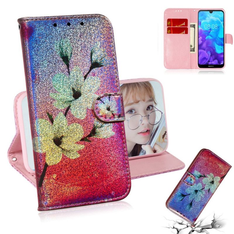 Lærdeksel Folio Deksel Huawei Y5 2019 Mobildeksel Glitter Blomster