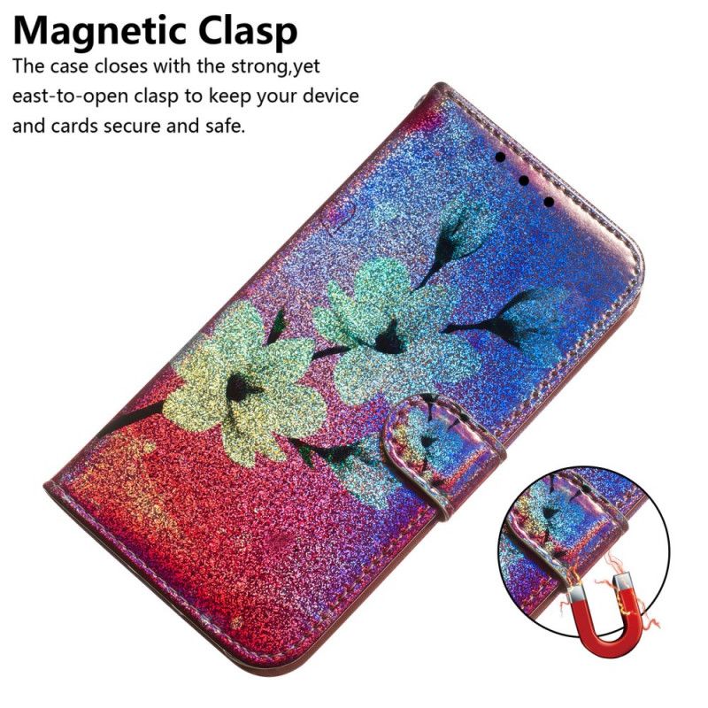 Lærdeksel Folio Deksel Huawei Y5 2019 Mobildeksel Glitter Blomster
