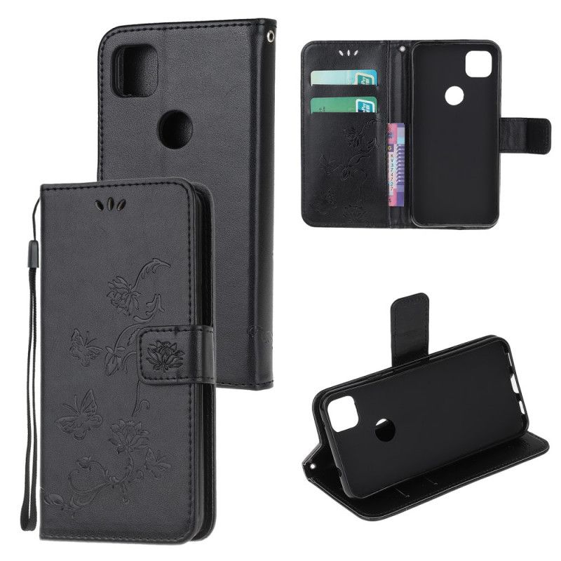 Lærdeksel Folio Deksel Google Pixel 4a Svart Mobildeksel Sommerfugler Og Blomster