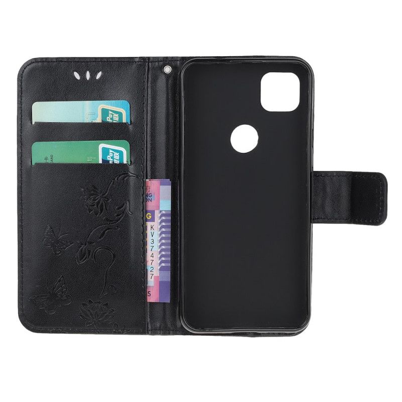 Lærdeksel Folio Deksel Google Pixel 4a Svart Mobildeksel Sommerfugler Og Blomster