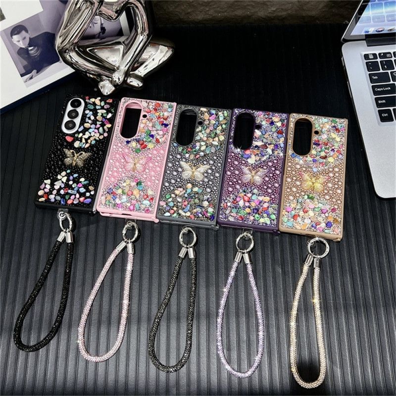 Deksel Samsung Galaxy Z Fold 7 Rhinestone-sommerfugl Med Stropp