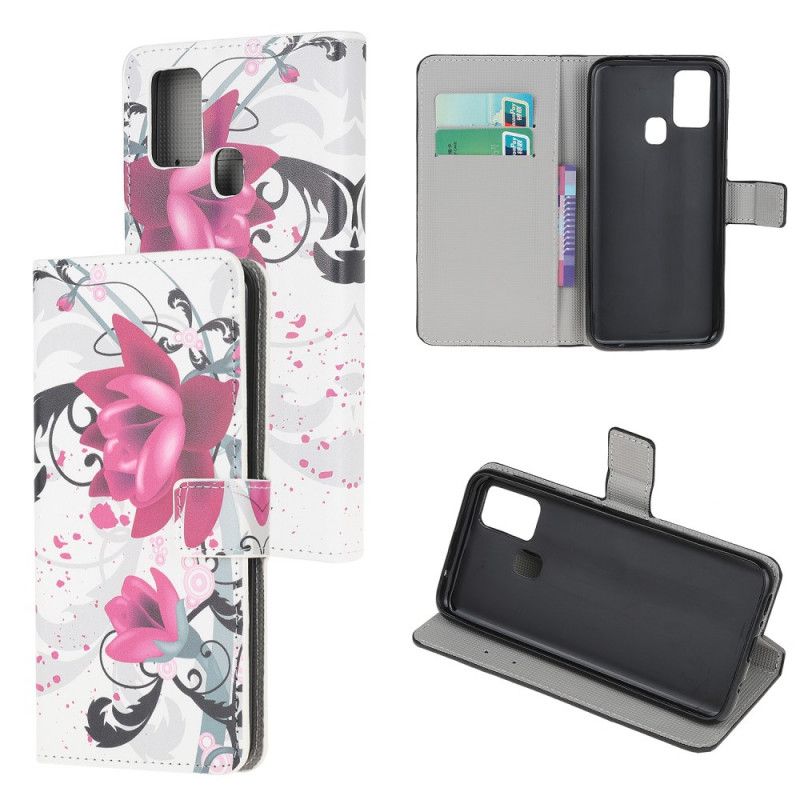 Folio Deksel Honor 9X Lite Magenta Tropiske Blomster Anti-fall