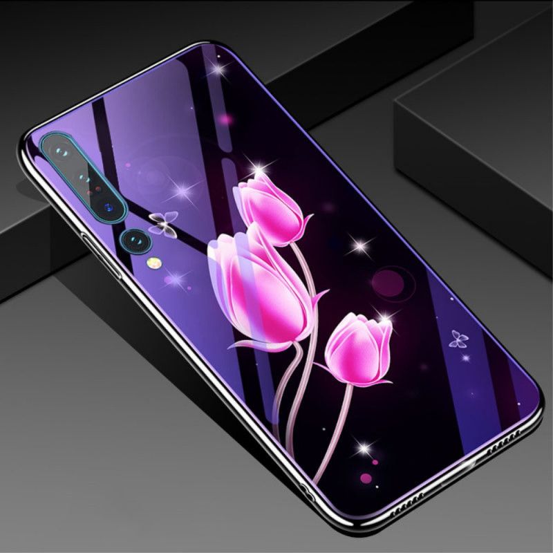 Deksel Xiaomi Mi 10 / 10 Pro Magenta Herdet Glass Og Blomstersilikon