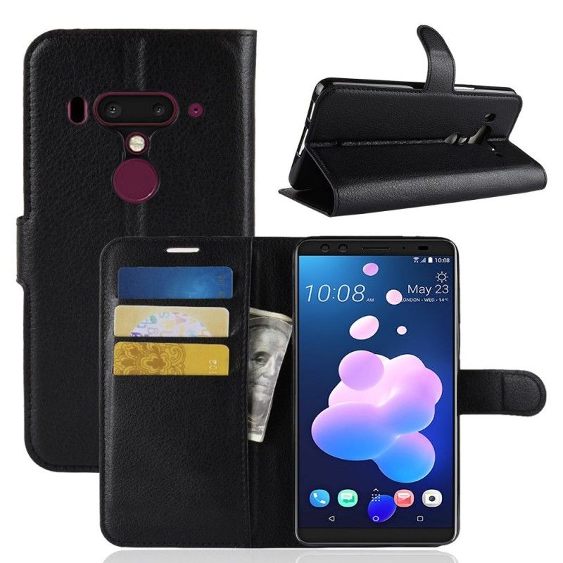 Folio Deksel HTC U12 Plus Svart Litchi-Skinneffekt Anti-fall