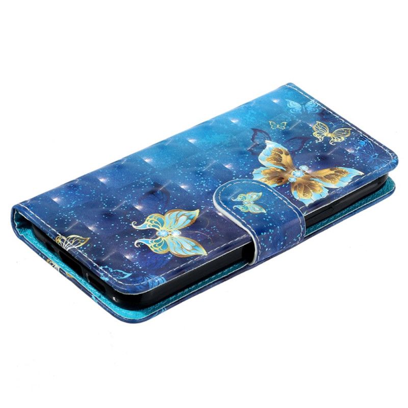 Folio Deksel Til Samsung Galaxy S24 5g Blå Og Gull Sommerfugler Med Snor