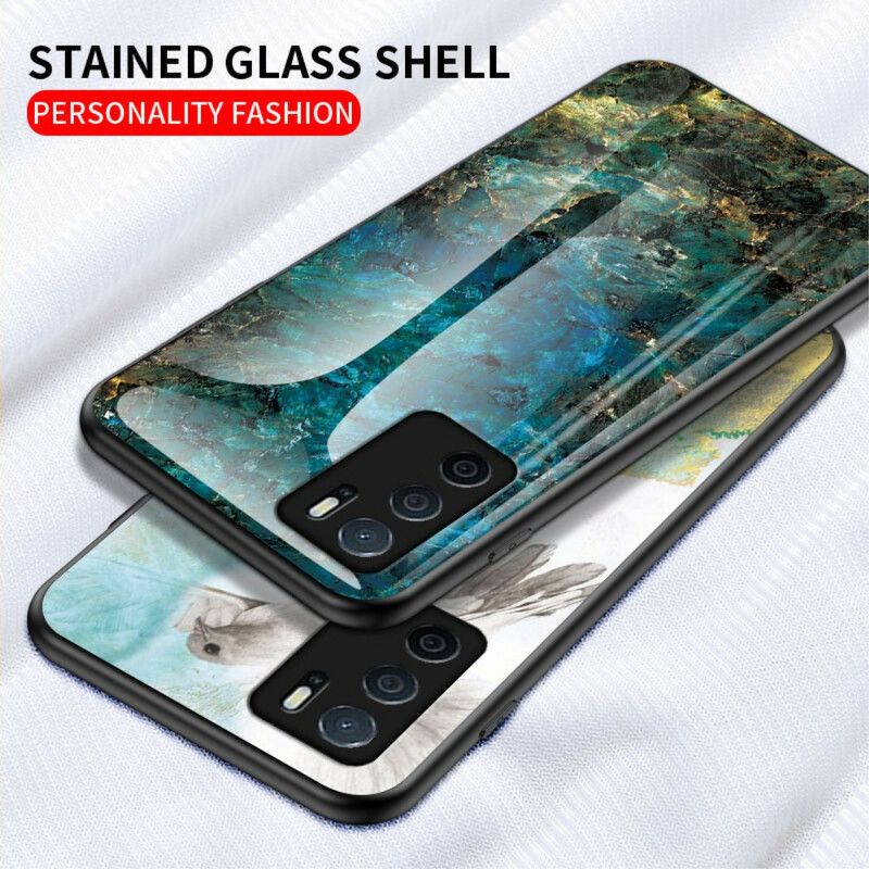 Deksel Oppo A16 / A16s Marmorfarger Herdet Glass