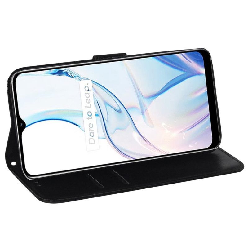 Lærdeksel Folio Deksel Realme C55 Mobildeksel Lommebok Med Stropp I Diskotekstil