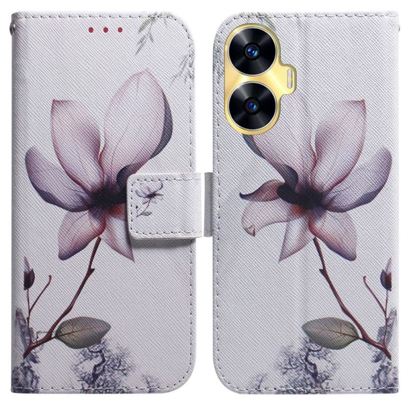 Lærdeksel Folio Deksel Realme C55 Mobildeksel Rosa Blomst