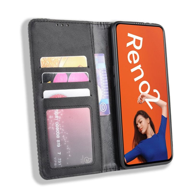 Folio Deksel Oppo Reno 2 Svart Stilisert Vintage Skinneffekt Beskyttelse