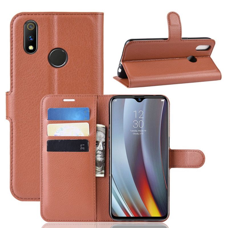 Folio Deksel Oppo Realme 3 Pro Lilla Litchi Imitert Skinn
