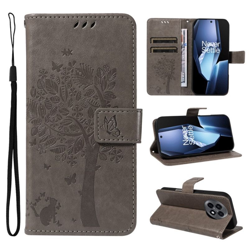 Lærdeksel Folio Deksel Oneplus 13r Mobildeksel Tre Og Katt