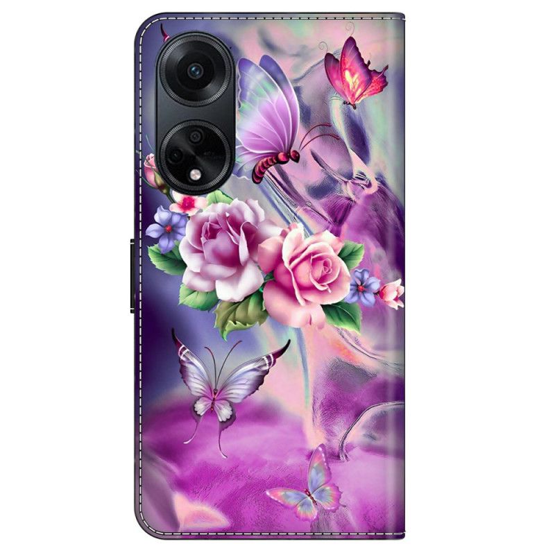 Lærdeksel Folio Deksel Oppo A98 5g Sommerfugler Og Fiolette Blomster