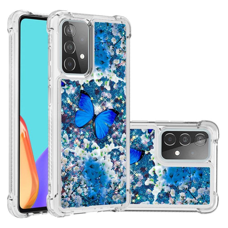 Deksel Samsung Galaxy A52 4G / A52 5G Blå Glitter Sommerfugler Anti-fall