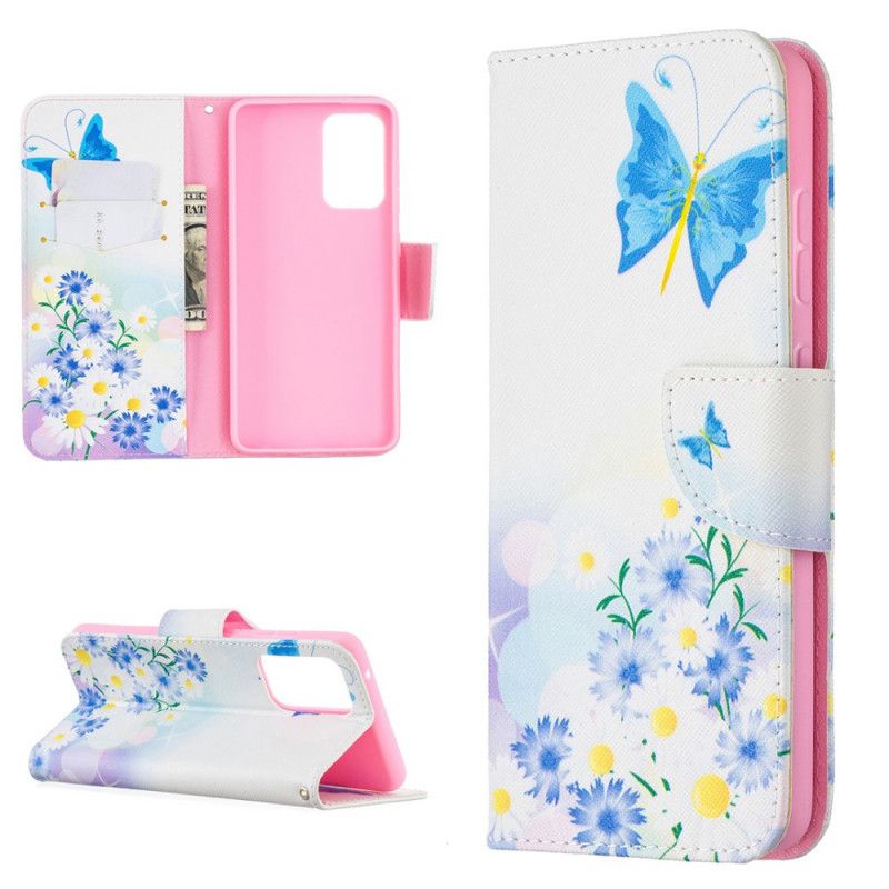 Folio Deksel for Samsung Galaxy A52 4G / A52 5G Magenta Malte Sommerfugler Og Blomster