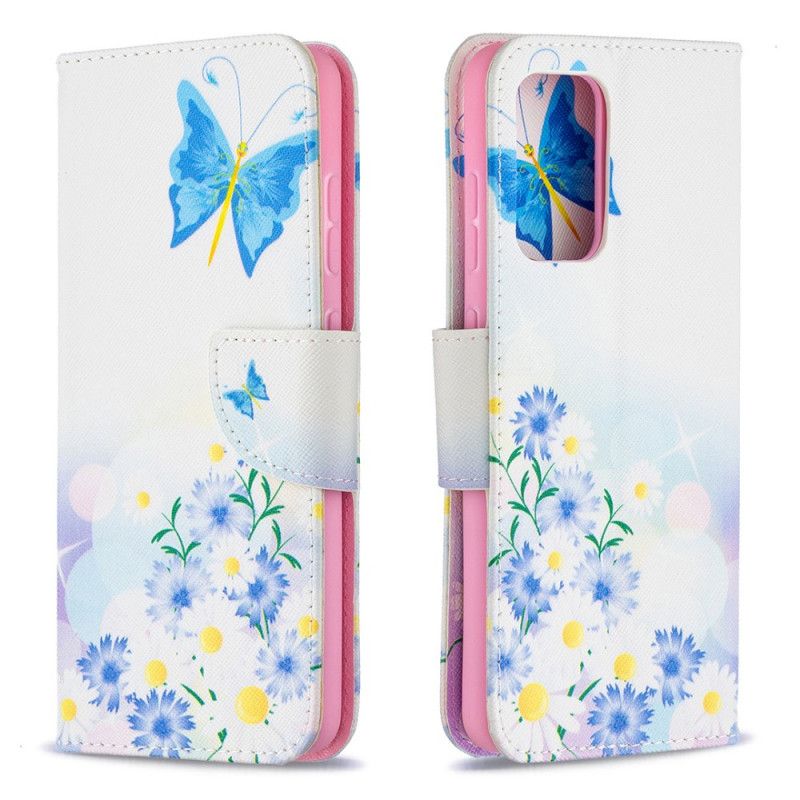 Folio Deksel for Samsung Galaxy A52 4G / A52 5G Magenta Malte Sommerfugler Og Blomster