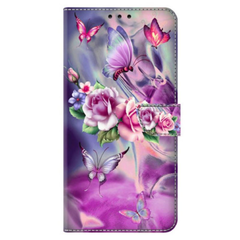 Folio Deksel Til Xiaomi Redmi Note 13 5g Lilla Sommerfugler Og Blomster