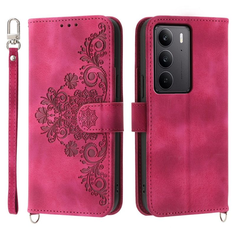 Folio Deksel Til Realme C75 Semsket Skinn Med Blondeeffekt Med Stropp Og Skulderstropp