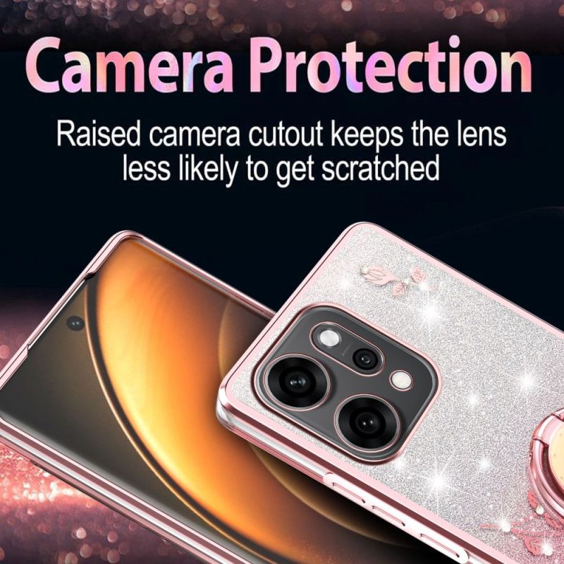 Deksel Oppo Reno 14 5g Mobildeksel Blomster Og Rhinstener Med Ringholder