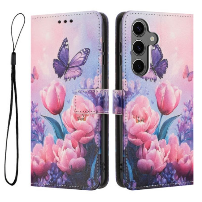 Folio Deksel Til Samsung Galaxy S26 Sommerfugl Og Rosa Blomster