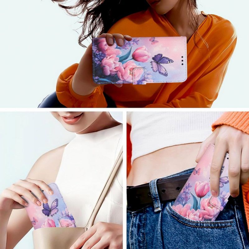 Folio Deksel Til Samsung Galaxy S26 Sommerfugl Og Rosa Blomster