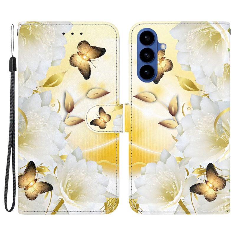Lærdeksel Folio Deksel Samsung Galaxy S26 Gull Sommerfugler Og Blomster
