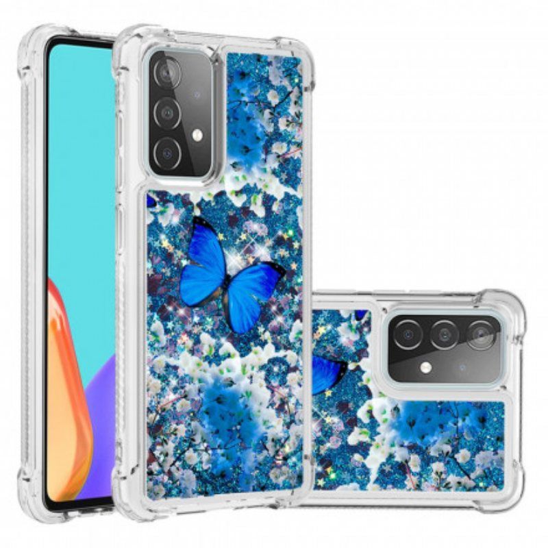 Deksel Til Samsung Galaxy A52 4G / A52 5G / A52s 5G Glitter Blå Sommerfugler