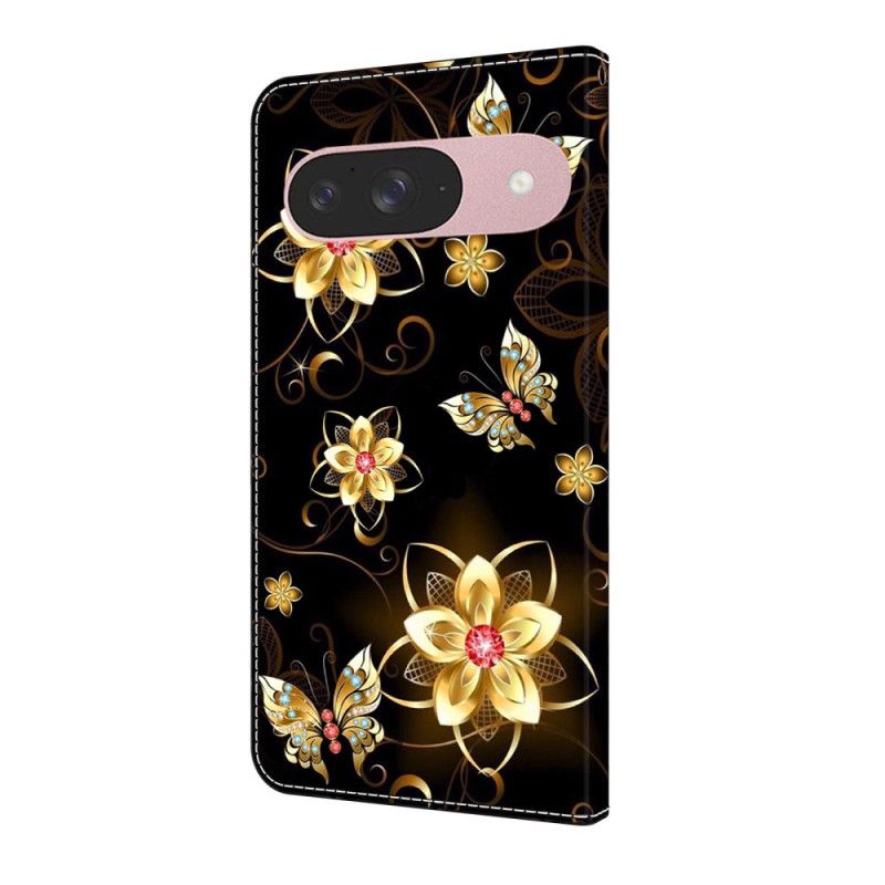 Lærdeksel Folio Deksel Google Pixel 10 / 10 Pro Gyldne Blomster Og Sommerfugler