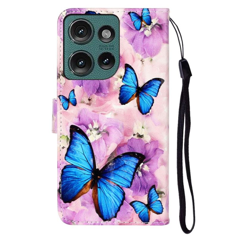 Folio Deksel Motorola Edge 50 Lilla Blomster Og Blå Sommerfugler Premium Beskyttelse Deksel