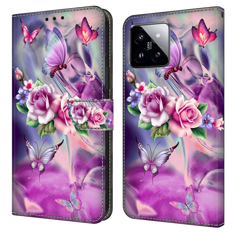 Folio Deksel Til Xiaomi 14 Lilla Sommerfugler Og Blomster