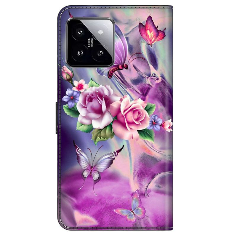 Folio Deksel Til Xiaomi 14 Lilla Sommerfugler Og Blomster
