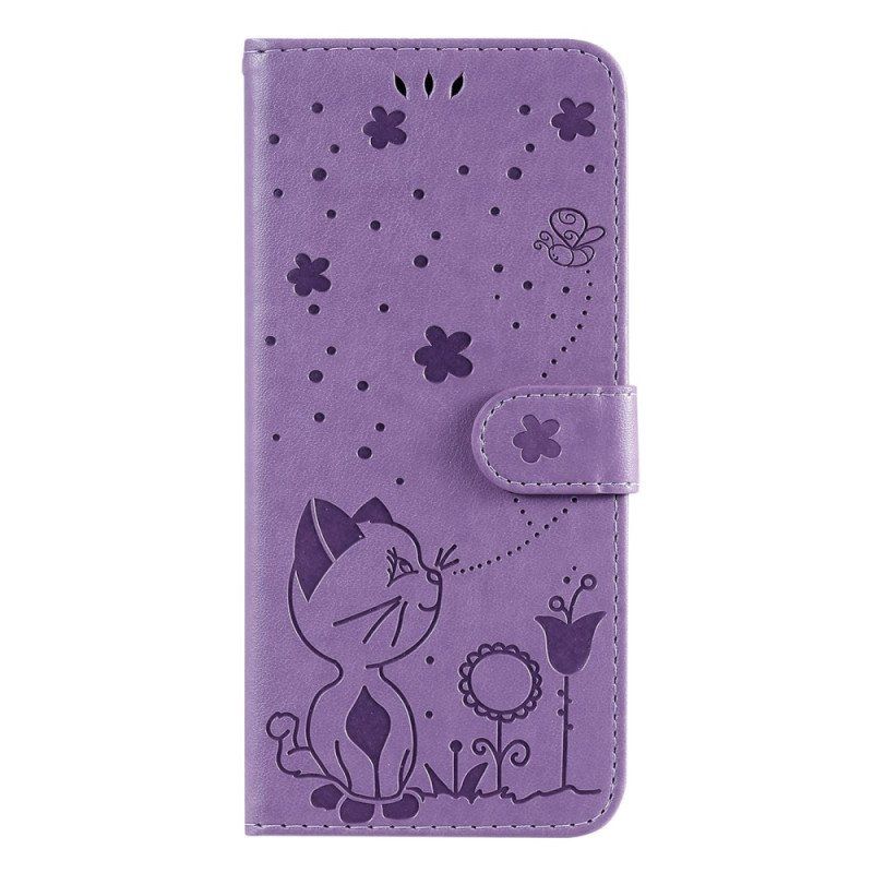 Folio Deksel Til Realme C35 Med Kjede Cat Flowers Bee Strappy