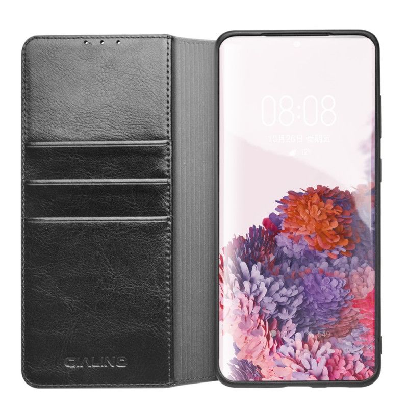 Folio Deksel Samsung Galaxy S20 Plus / S20 Plus 5G Svart Qialino Ekte Skinn Anti-fall