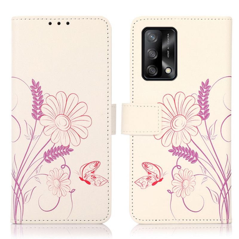 Lærdeksel Folio Deksel Oppo A74 4g Tegning Av Sommerfugler Og Blomster